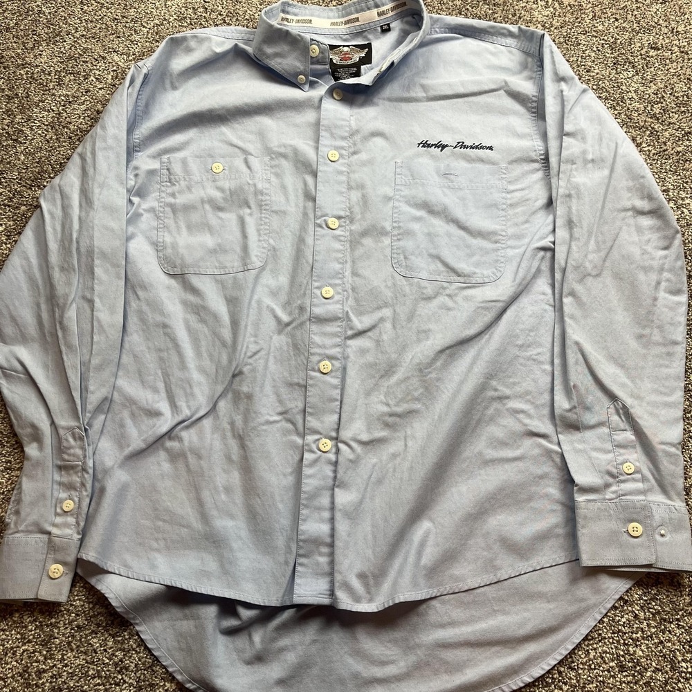 Harley Davidson Shirt Mens 2XL Blue Button Down Long Sleeve Motorcycle Casual